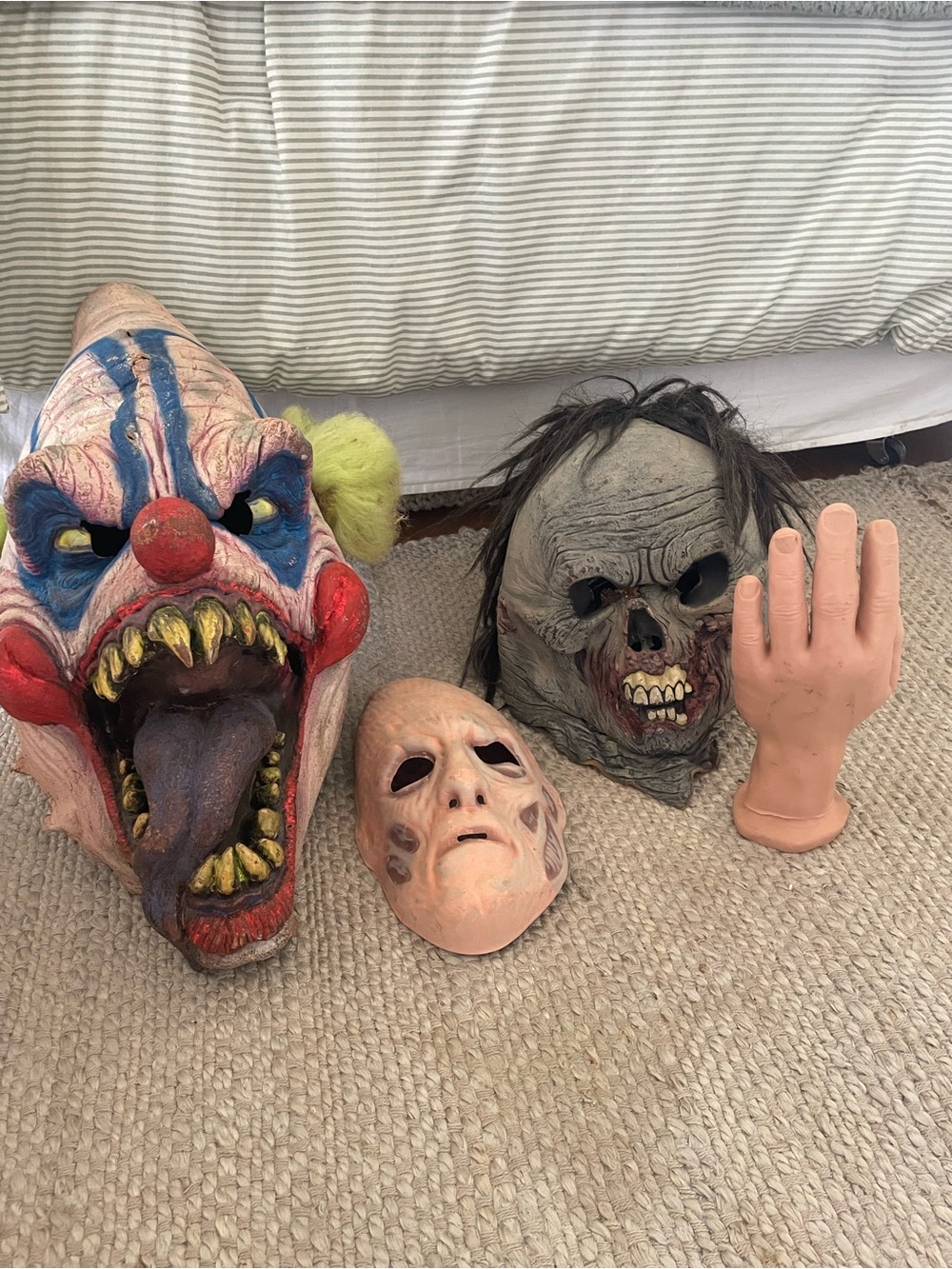 Scary Halloween Decor Mask Lot - Clown, Zombie, Pale Mask + Hand Prop